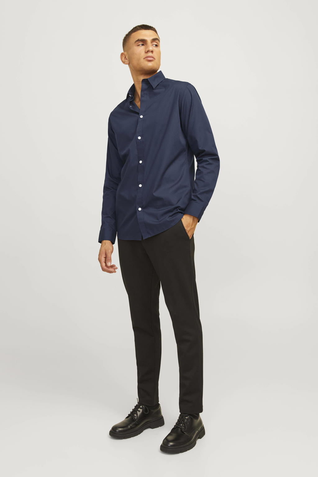 Blauwe heren JJ REBEL slim fit overhemd van polyester-katoen met effen, lange mouwen, klassieke kraag en geweven detail