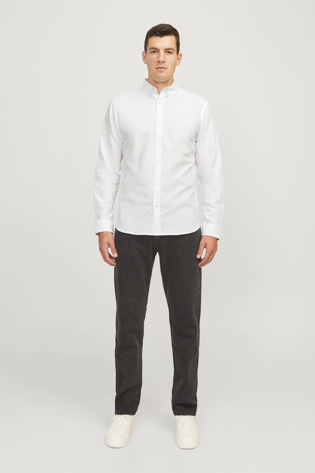 Witte heren JJ REBEL regular fit overhemd van katoen met effen, lange mouwen, button down sluiting en geweven detail