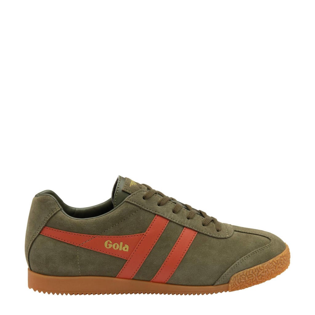 Kaki en oranje heren Gola Harrier suède sneakers met veters