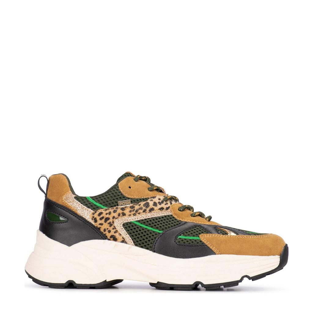Zwart en camelkleurige dames POSH by Poelman Ayoki chunky sneakers van synthetisch materiaal met veters