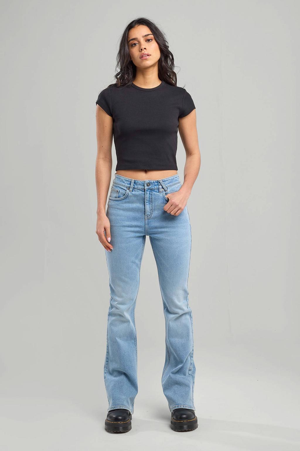 Blauwe dames America Today high waist flared jeans van stretchdenim met rits- en knoopsluiting en effen