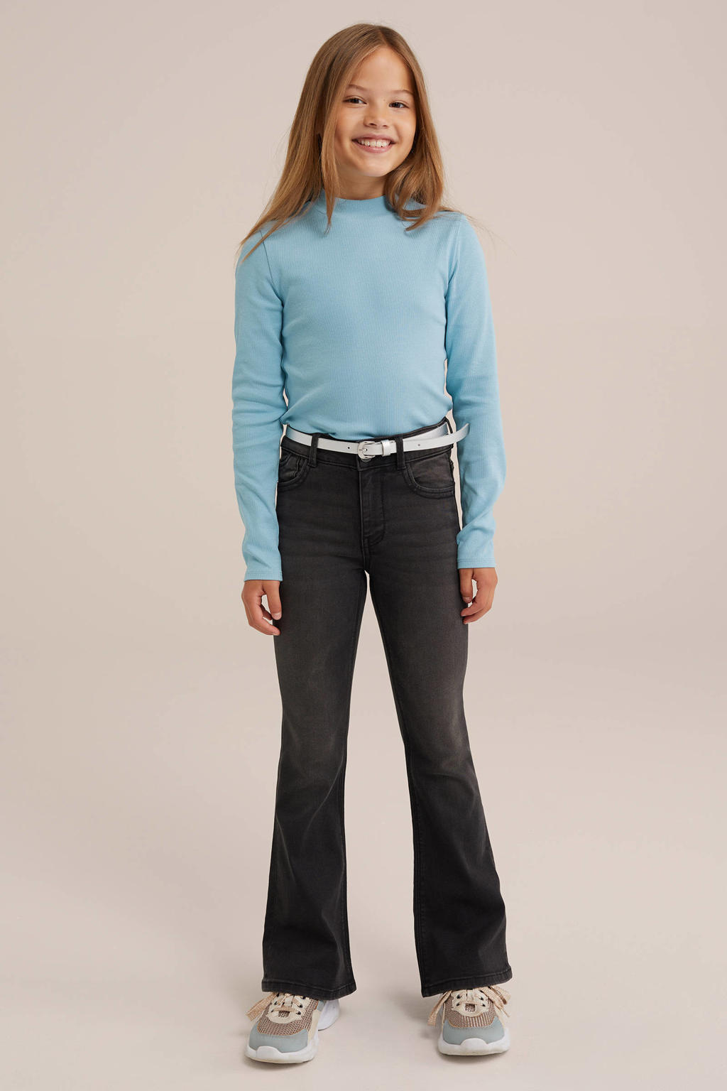 Lichtblauwe meisjes WE Fundamentals ribgebreide longsleeve van katoen met effen, lange mouwen en col