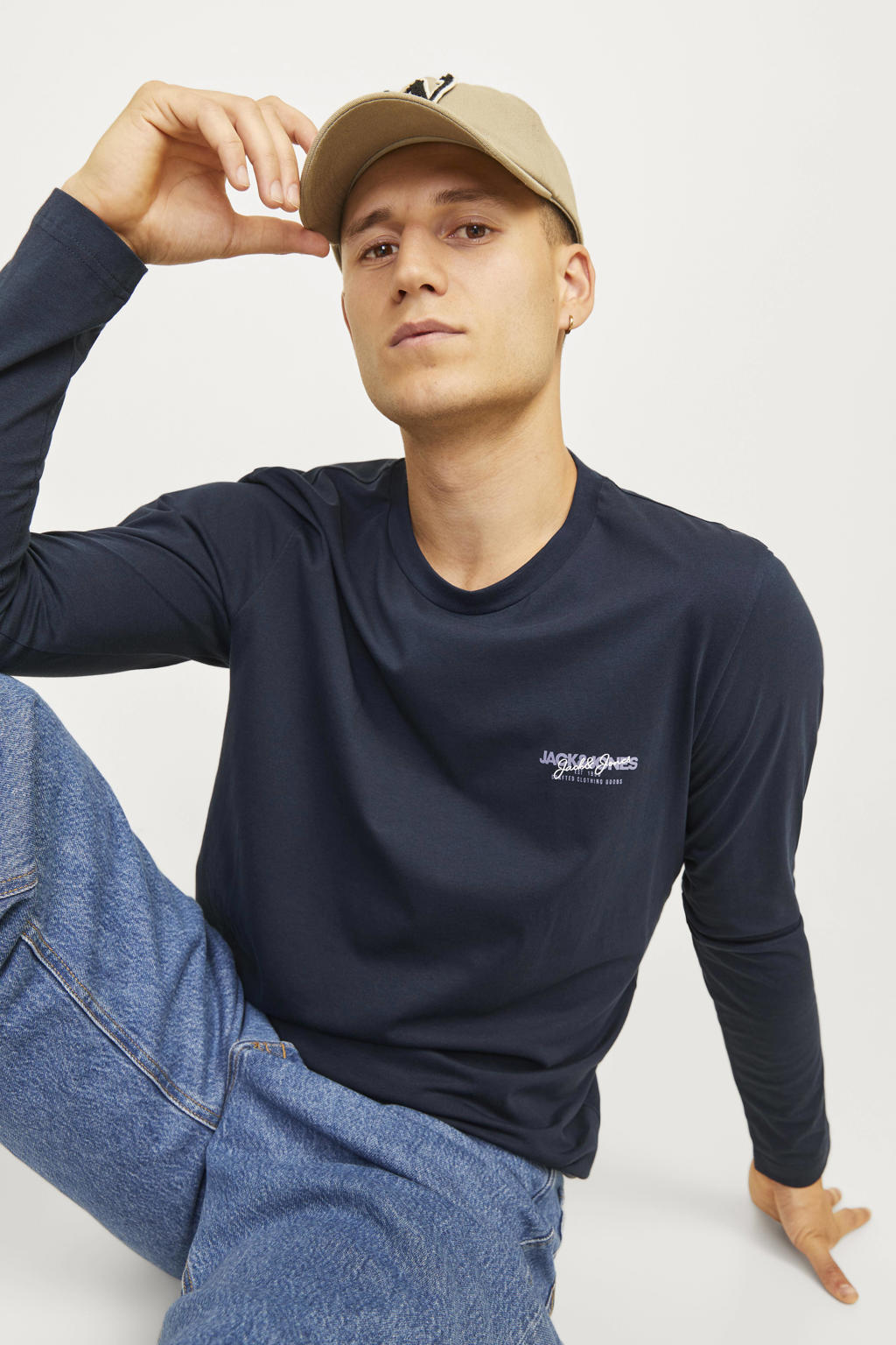 Donkerblauwe heren JACK & JONES regular fit longsleeve van katoen met lange mouwen en ronde hals