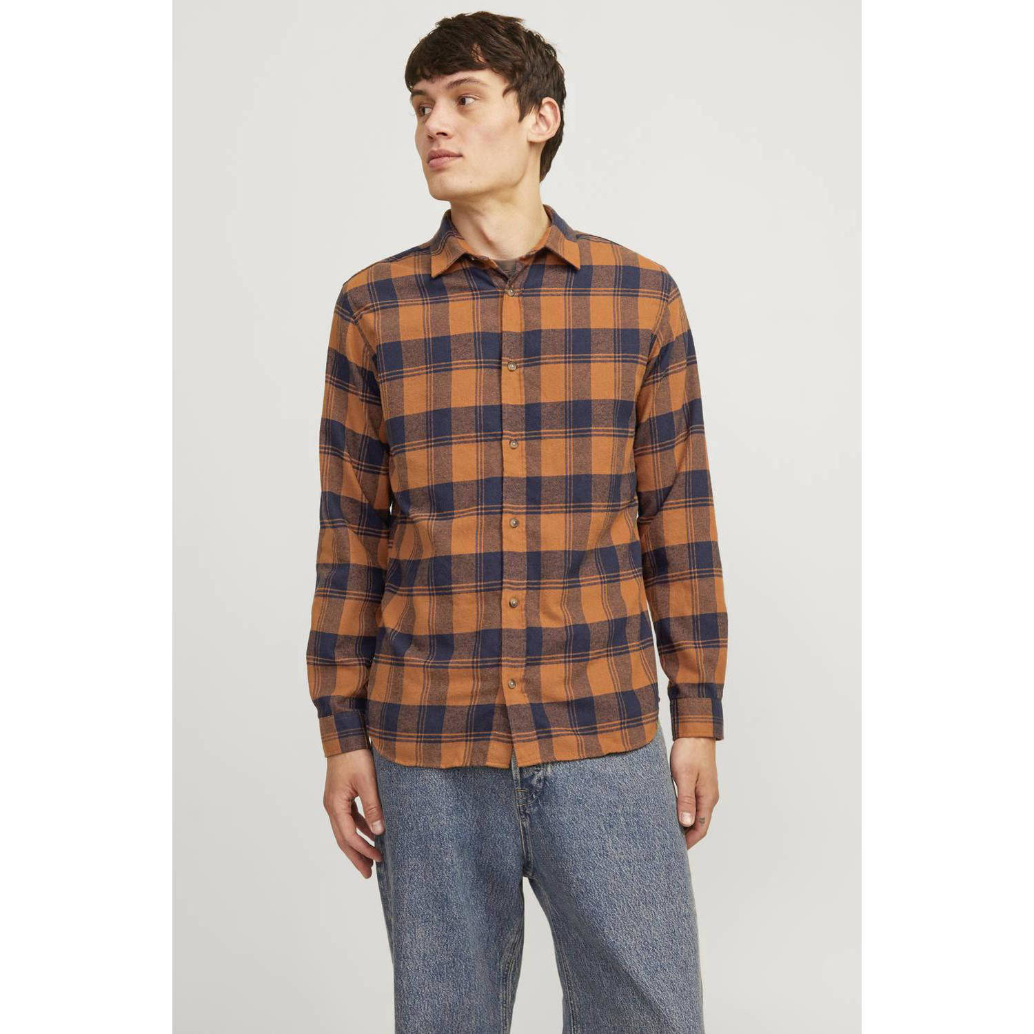 JACK & JONES geruit slim fit overhemd JJJOSHUA mocha bisque