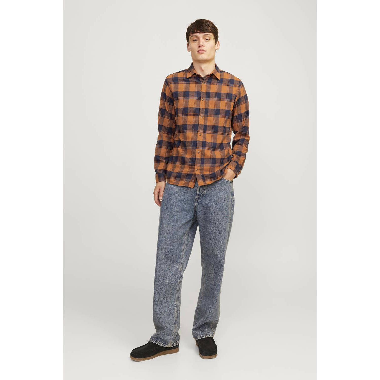 JACK & JONES geruit slim fit overhemd JJJOSHUA mocha bisque