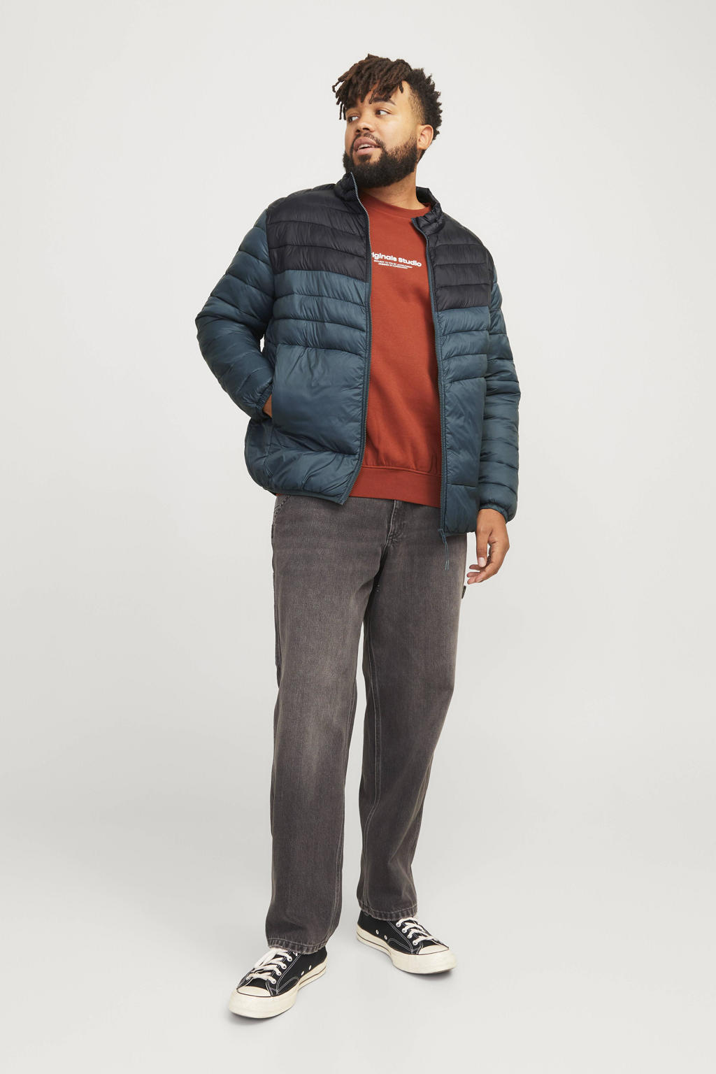Groene heren JACK & JONES PLUS SIZE jas Plus Size van nylon met effen, lange mouwen, opstaande kraag, ritssluiting en quilted
