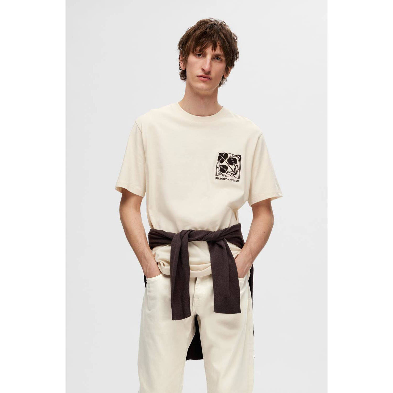 SELECTED HOMME oversized T-shirt SLHRELAXPEAK met printopdruk whitecap gray