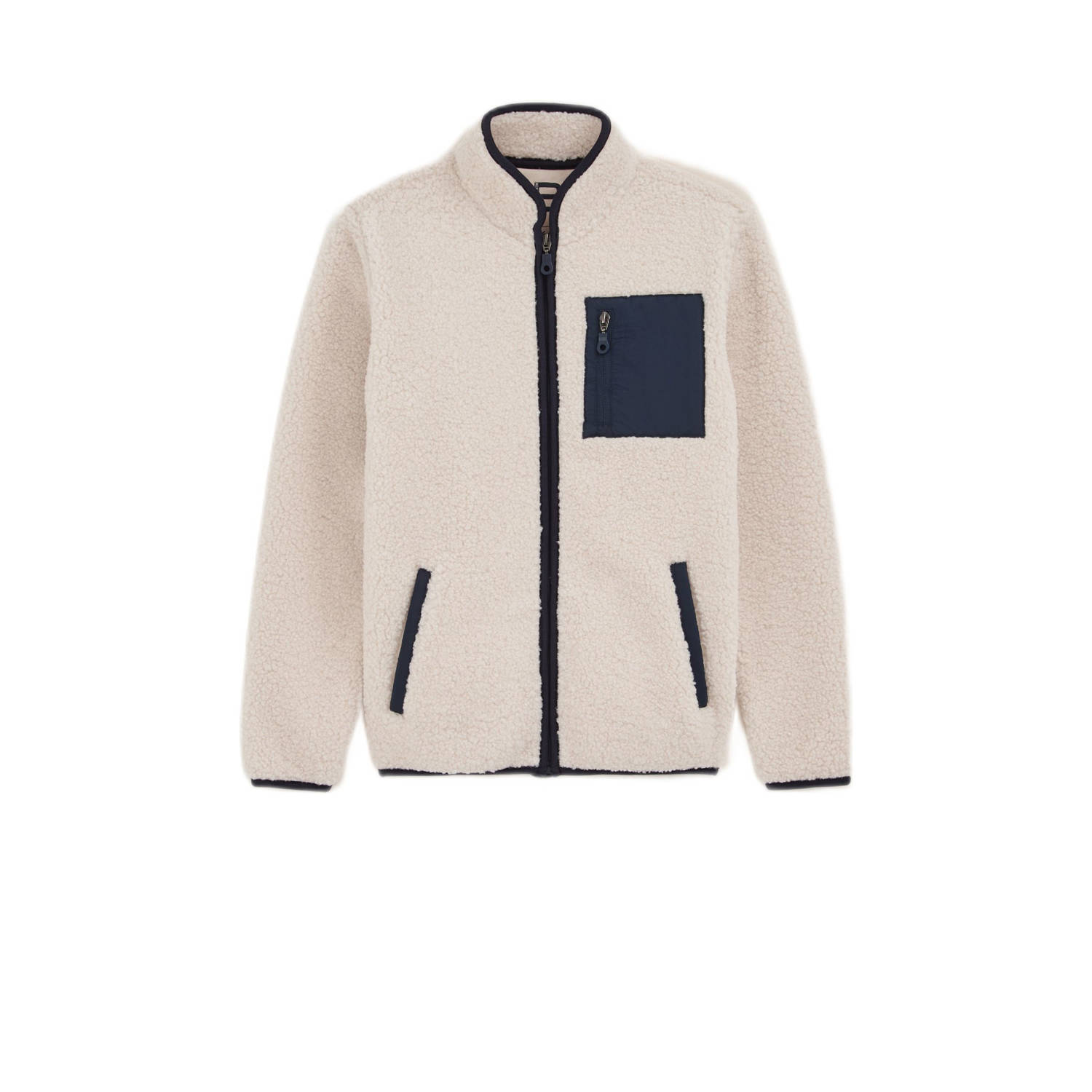 WE Fashion teddy winterjas met contrastbies ecru donkerblauw