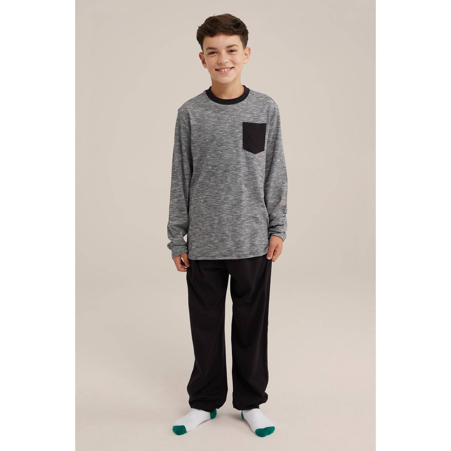WE Fashion pyjamaset zwart grijsmelange