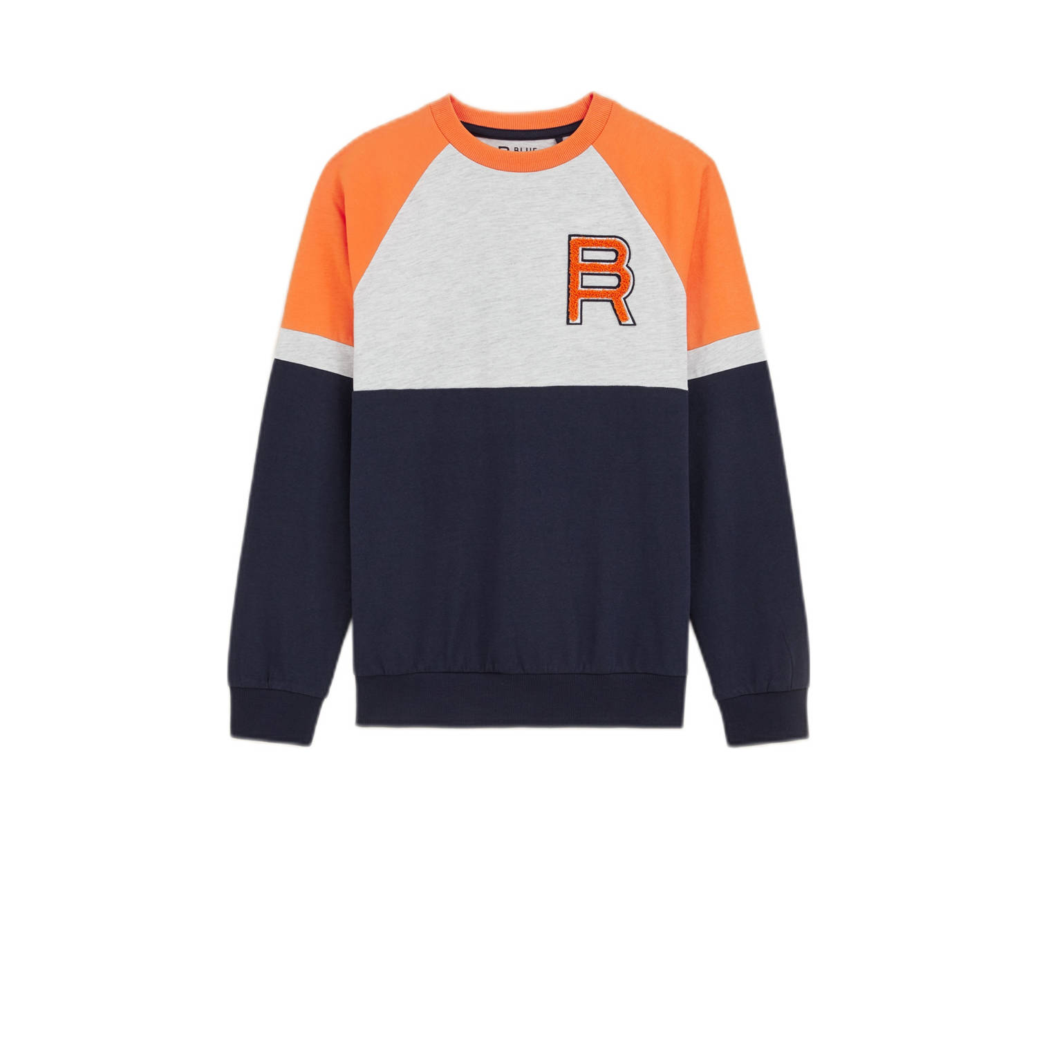 WE Fashion sweater donkerblauw lichtgrijs oranje