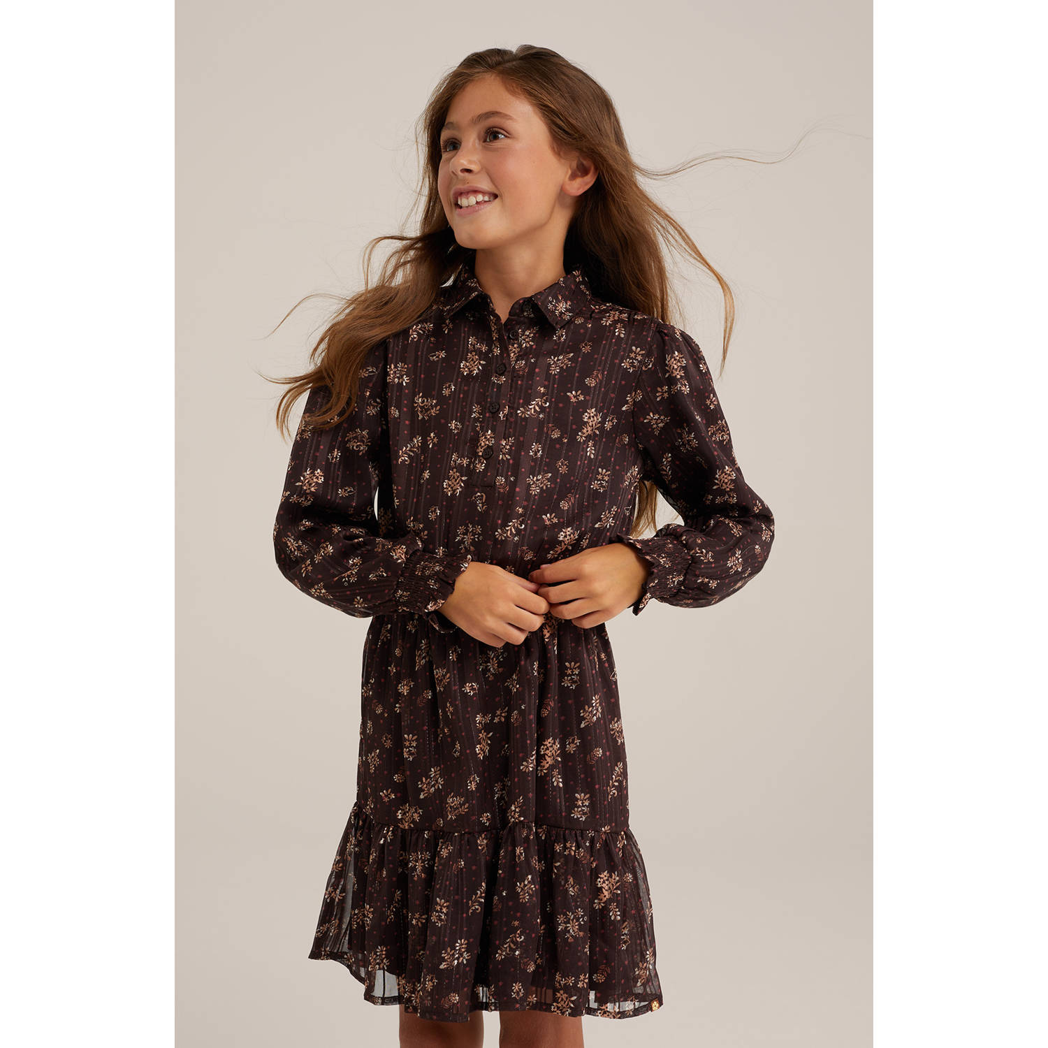 WE Fashion gebloemde blousejurk donkerbruin beige