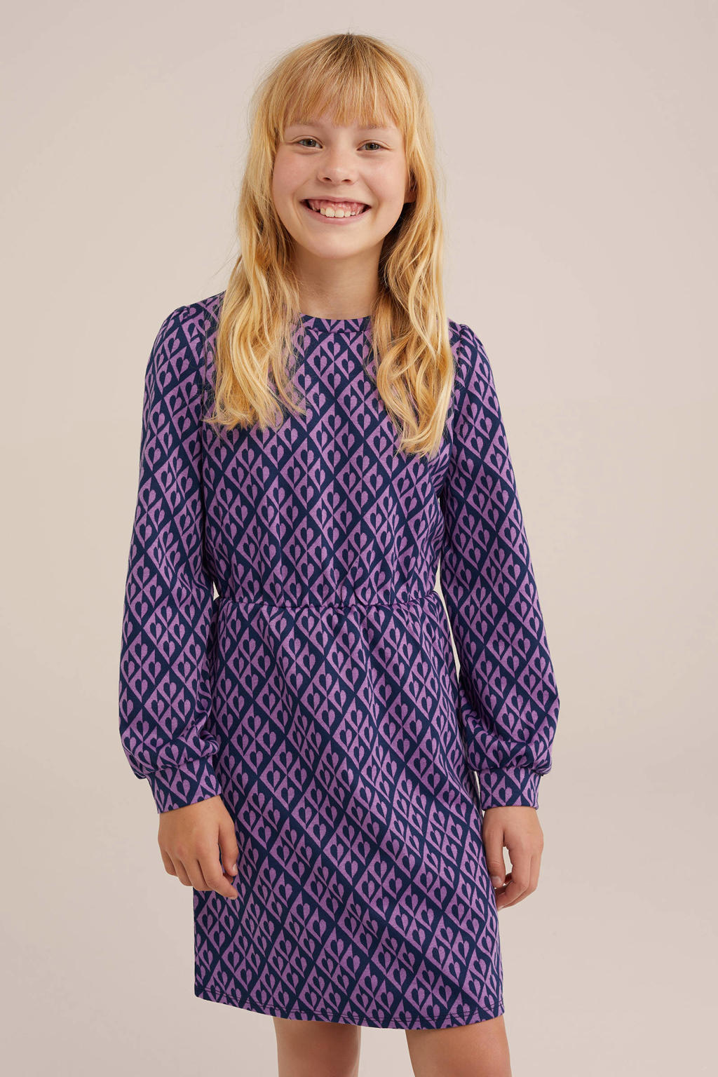 Donkerblauw en paarse meisjes WE Fashion jurk van polyester met lange mouwen en ronde hals