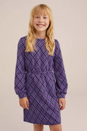 thumbnail: Donkerblauw en paarse meisjes WE Fashion jurk van polyester met lange mouwen en ronde hals