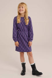 thumbnail: Donkerblauw en paarse meisjes WE Fashion jurk van polyester met lange mouwen en ronde hals