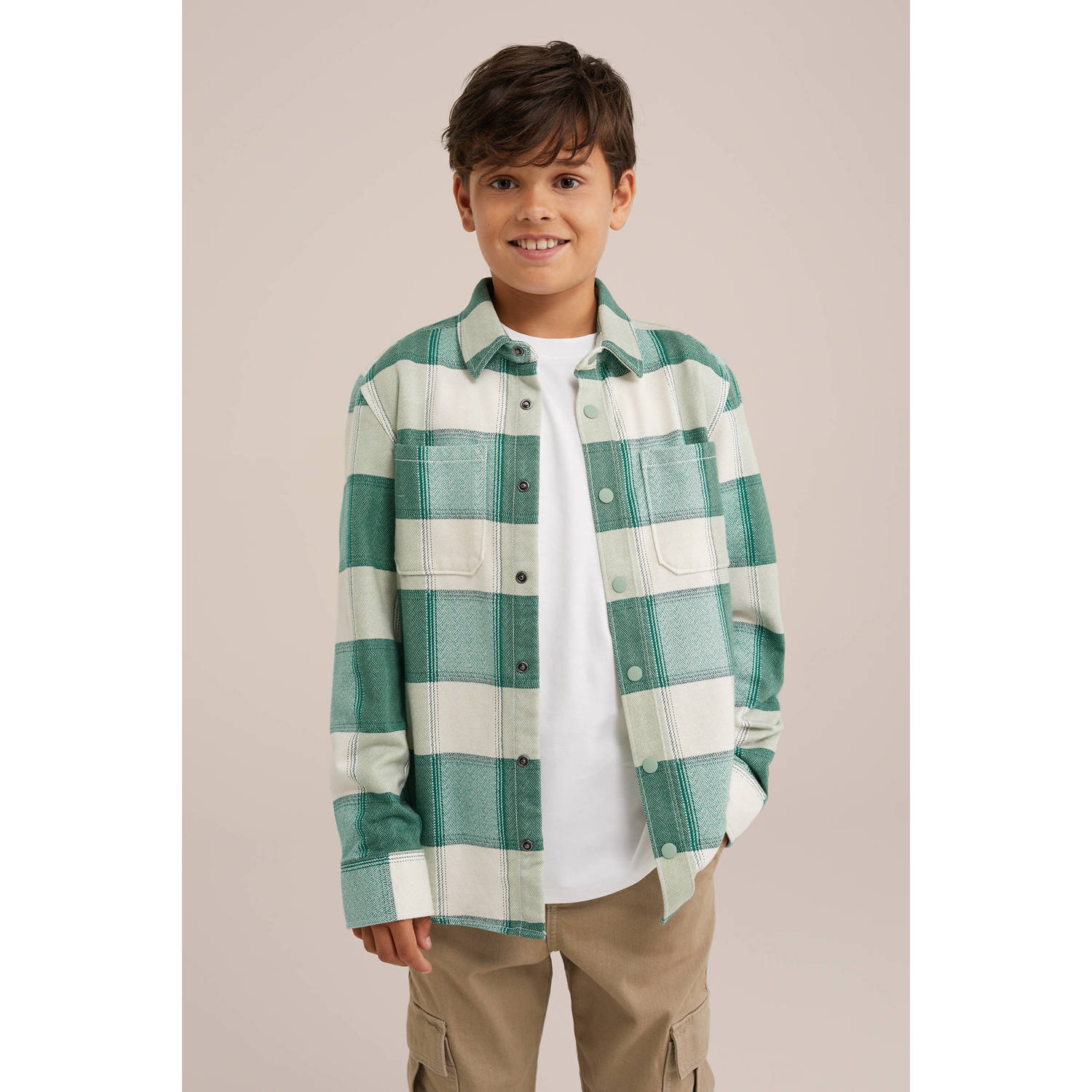 WE Fashion Blue Ridge geruit overhemd groen ecru