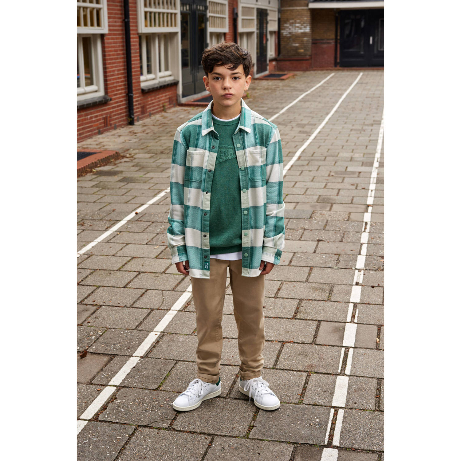 WE Fashion Blue Ridge geruit overhemd groen ecru