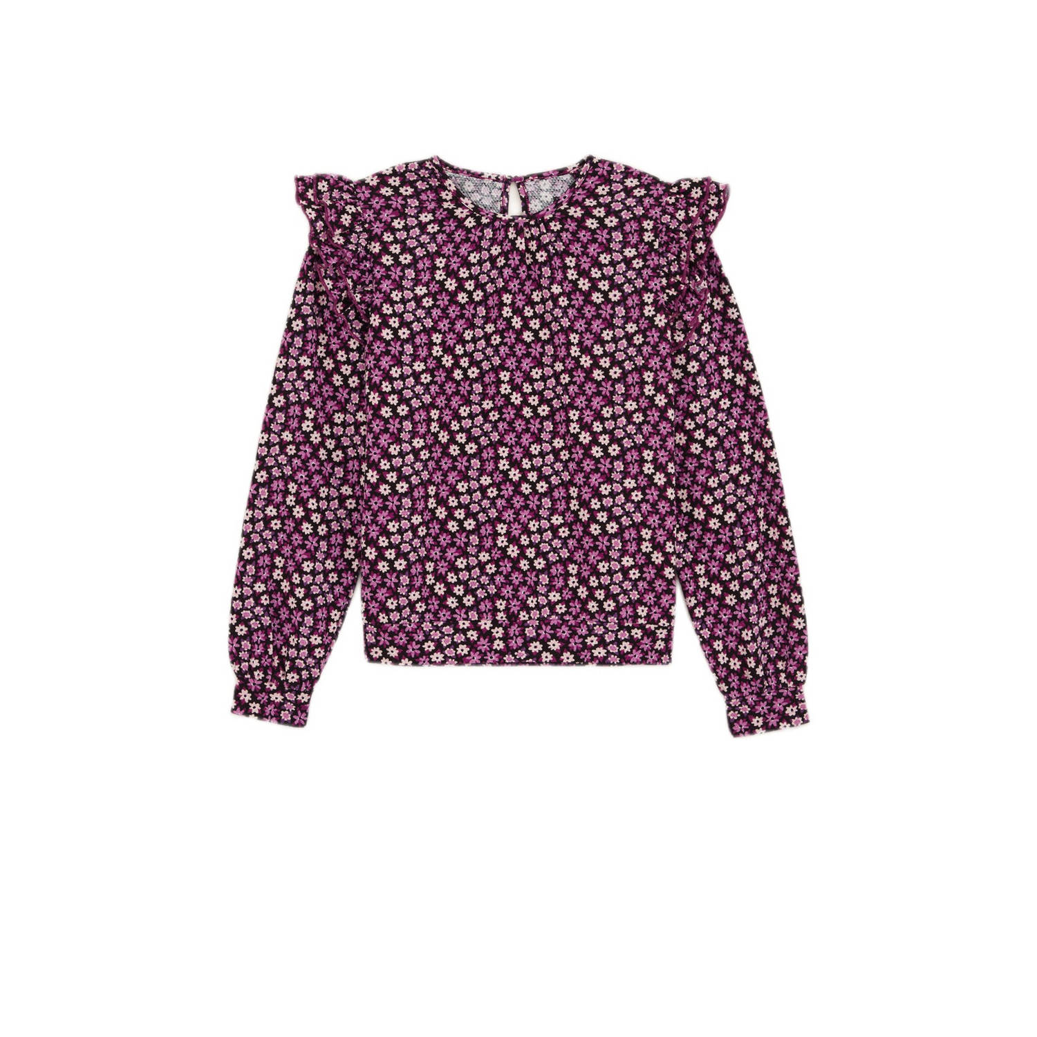 WE Fashion gebloemde longsleeve roze donkerpaars ecru