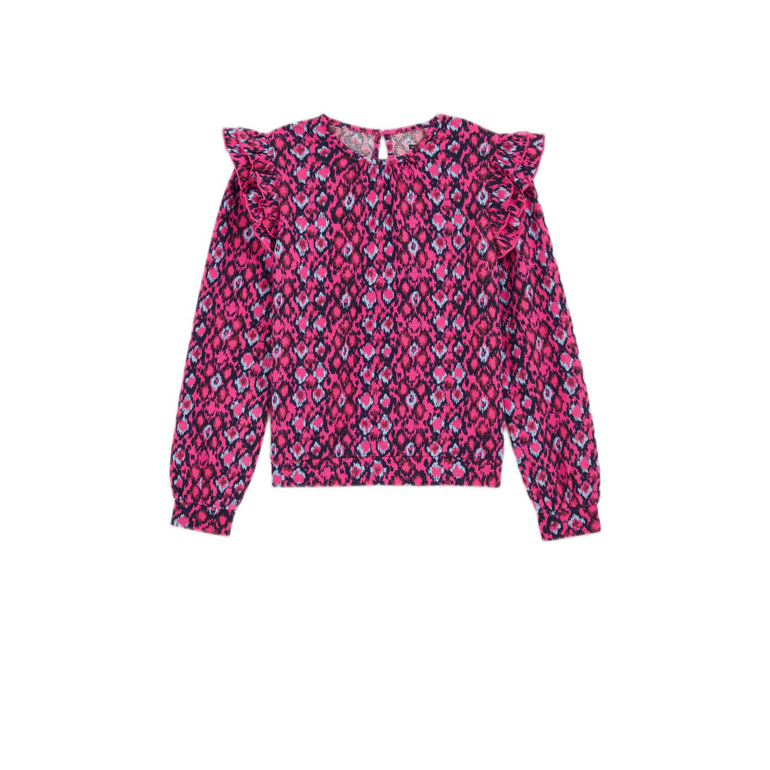 WE Fashion longsleeve met all over print en ruches roze donkerblauw multicolor