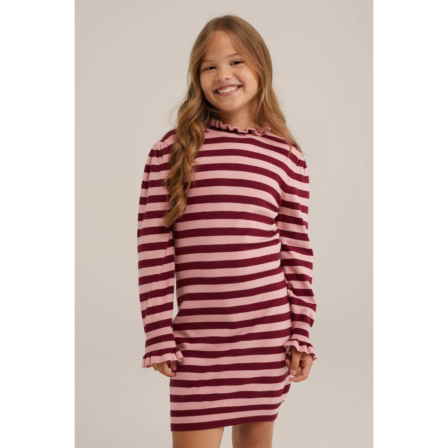 WE Fashion gestreepte bodycon jurk donkerrood lichtroze