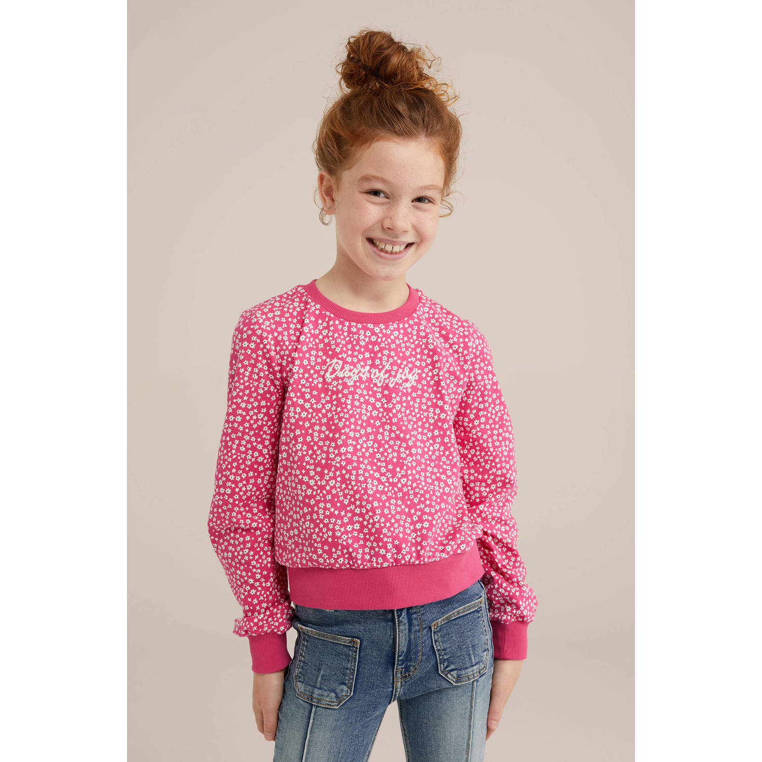 WE Fashion gebloemde sweater roze wit
