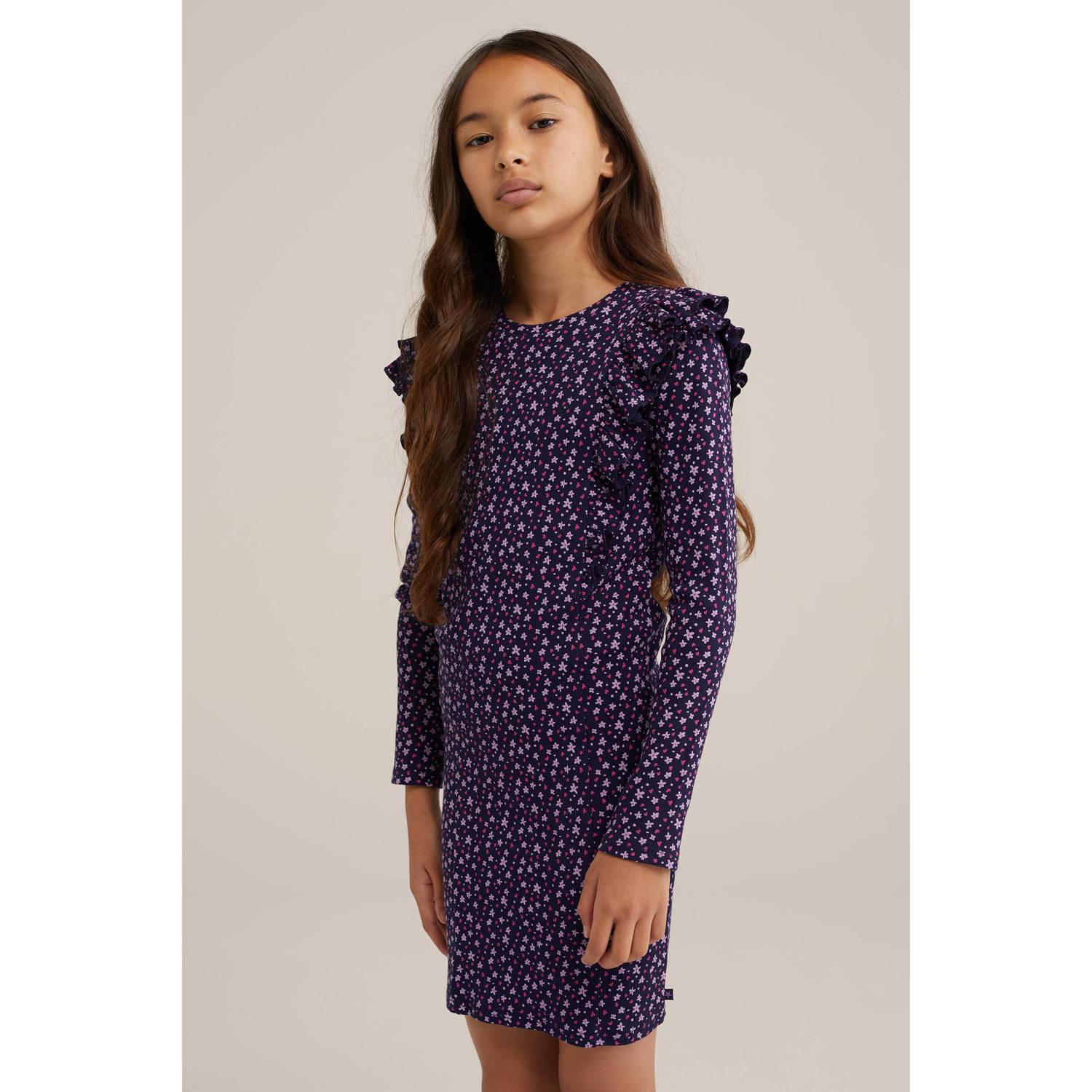 WE Fashion gebloemde bodycon jurk donkerblauw roze