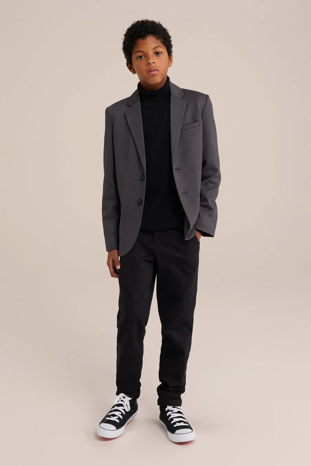 Zwarte jongens WE Fashion slim fit broek van katoen met regular waist en effen