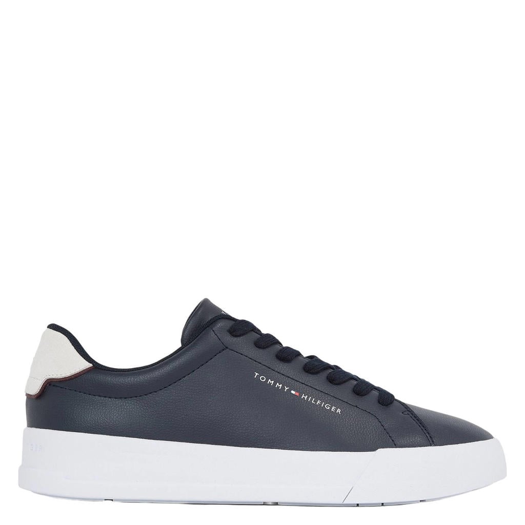 Donkerblauwe heren Tommy Hilfiger leren sneakers van cow split leather (80%), polyurethane (20%) met veters