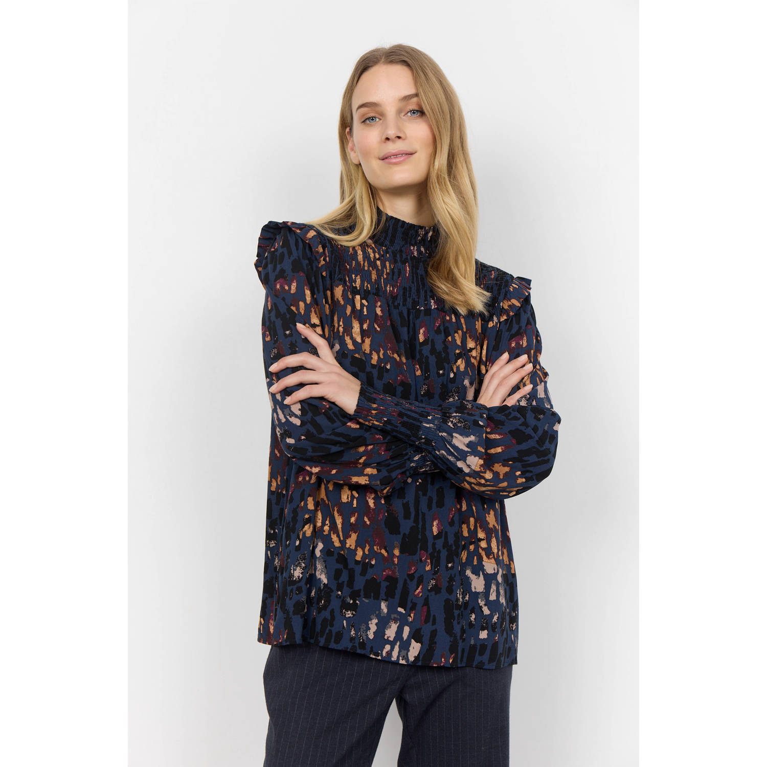 Soyaconcept top IMA met all over print donkerblauw zwart oranje
