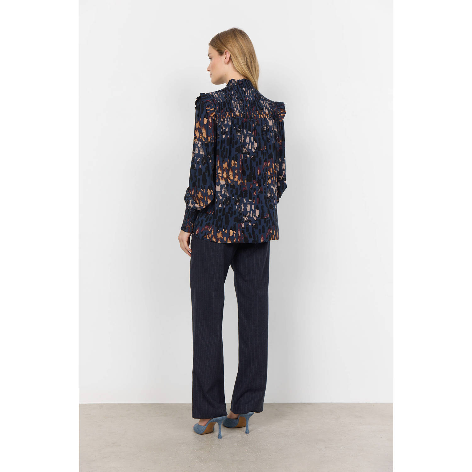 Soyaconcept top IMA met all over print donkerblauw zwart oranje