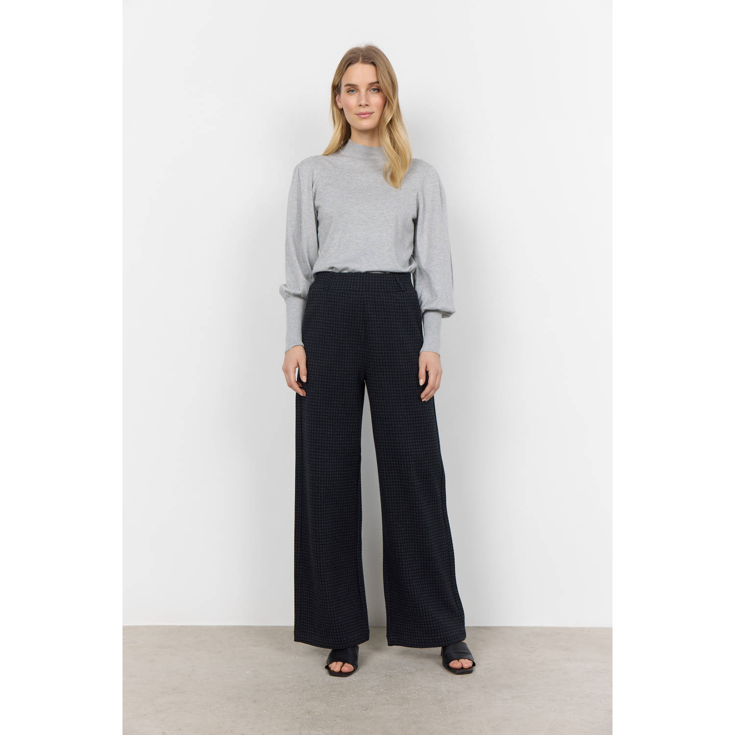 Soyaconcept high waist wide leg broek met pied-de-poule zwart grijs