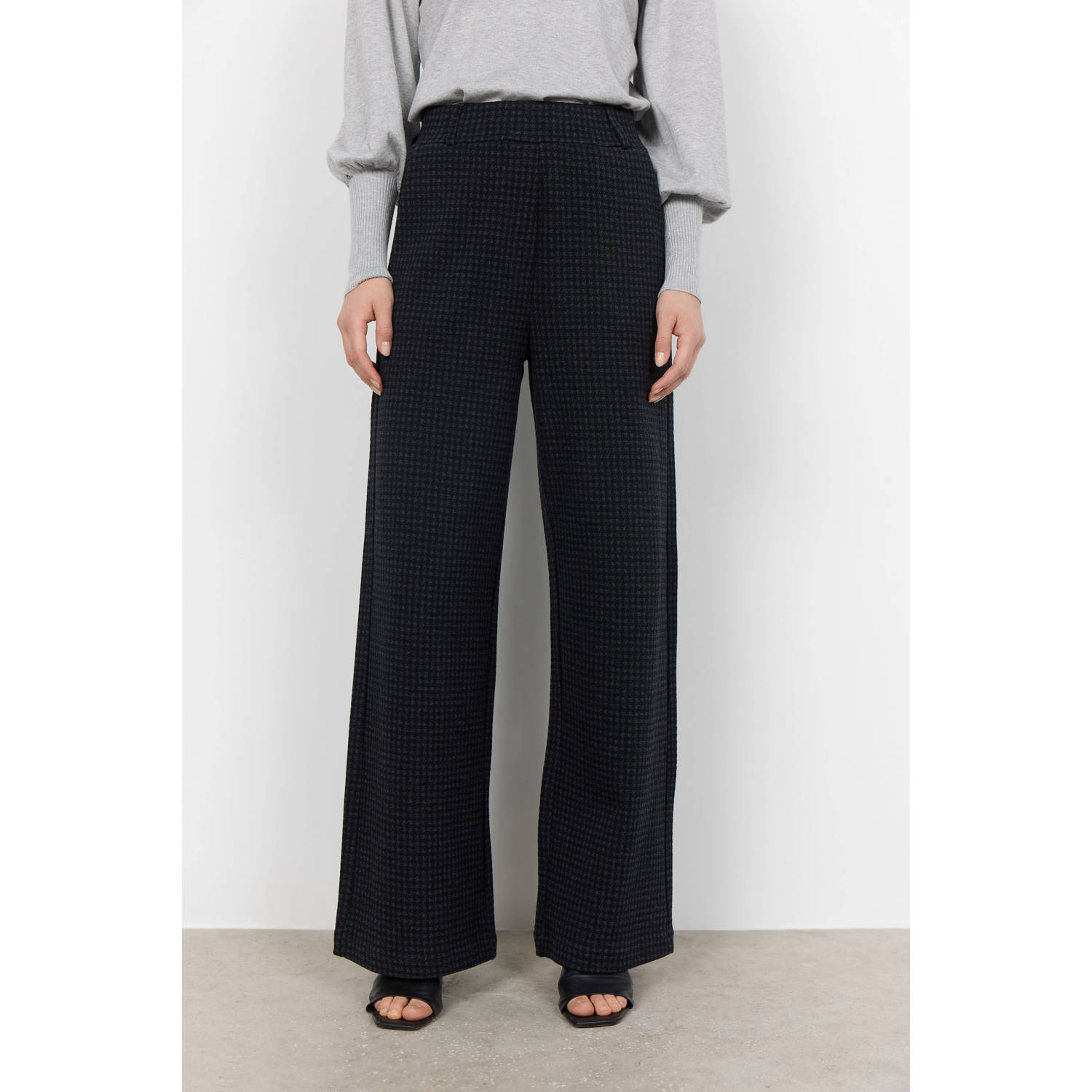 Soyaconcept high waist wide leg broek met pied-de-poule zwart grijs
