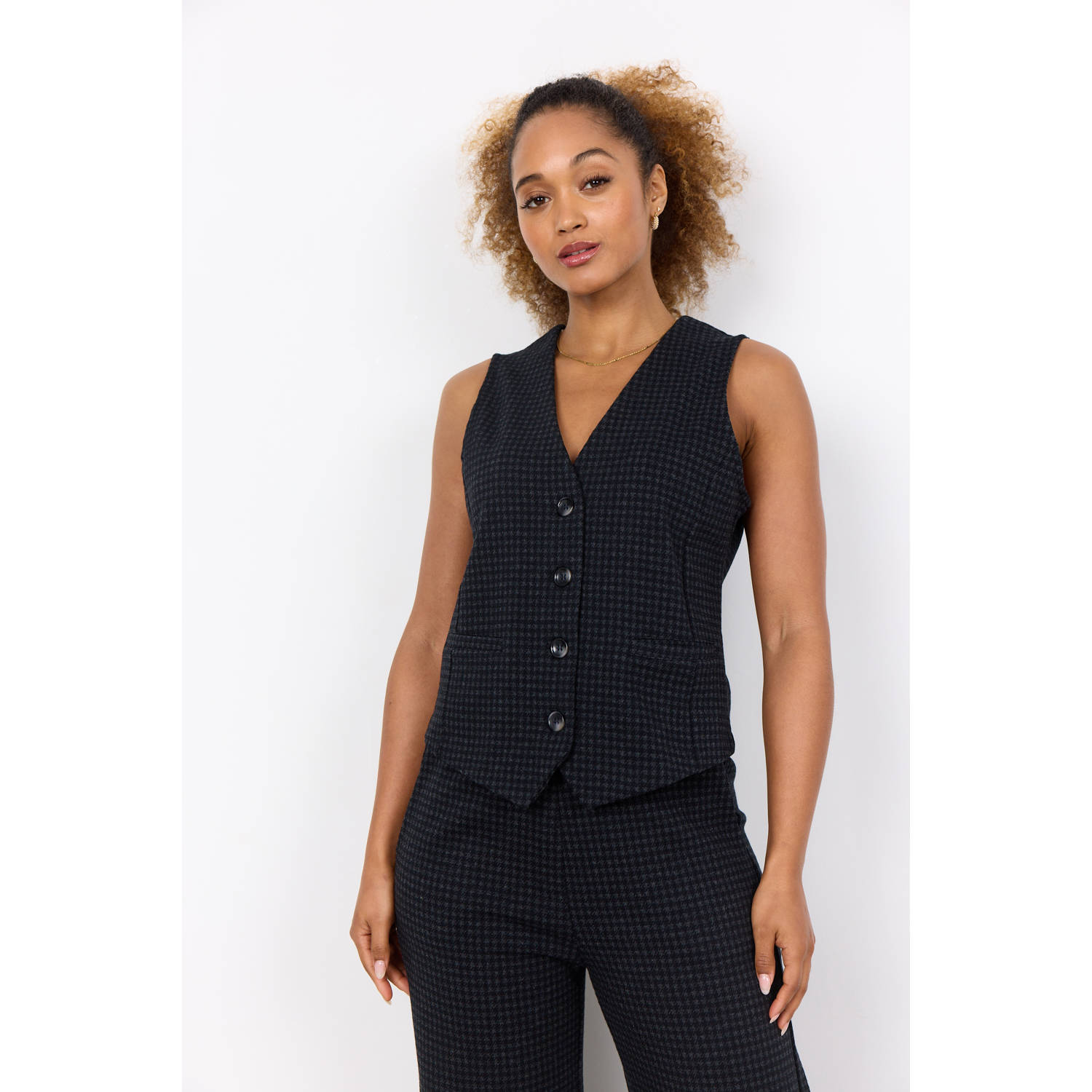 Soyaconcept gilet met pied-de-poule zwart grijs