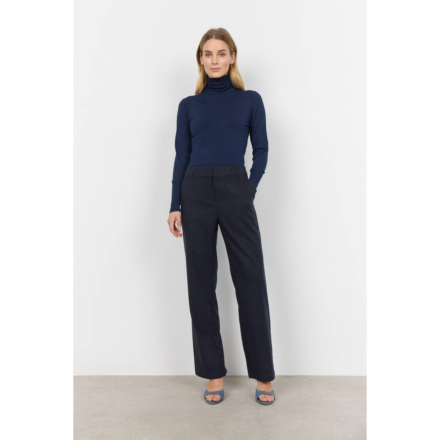 Soyaconcept straight fit pantalon met krijtstreep donkerblauw