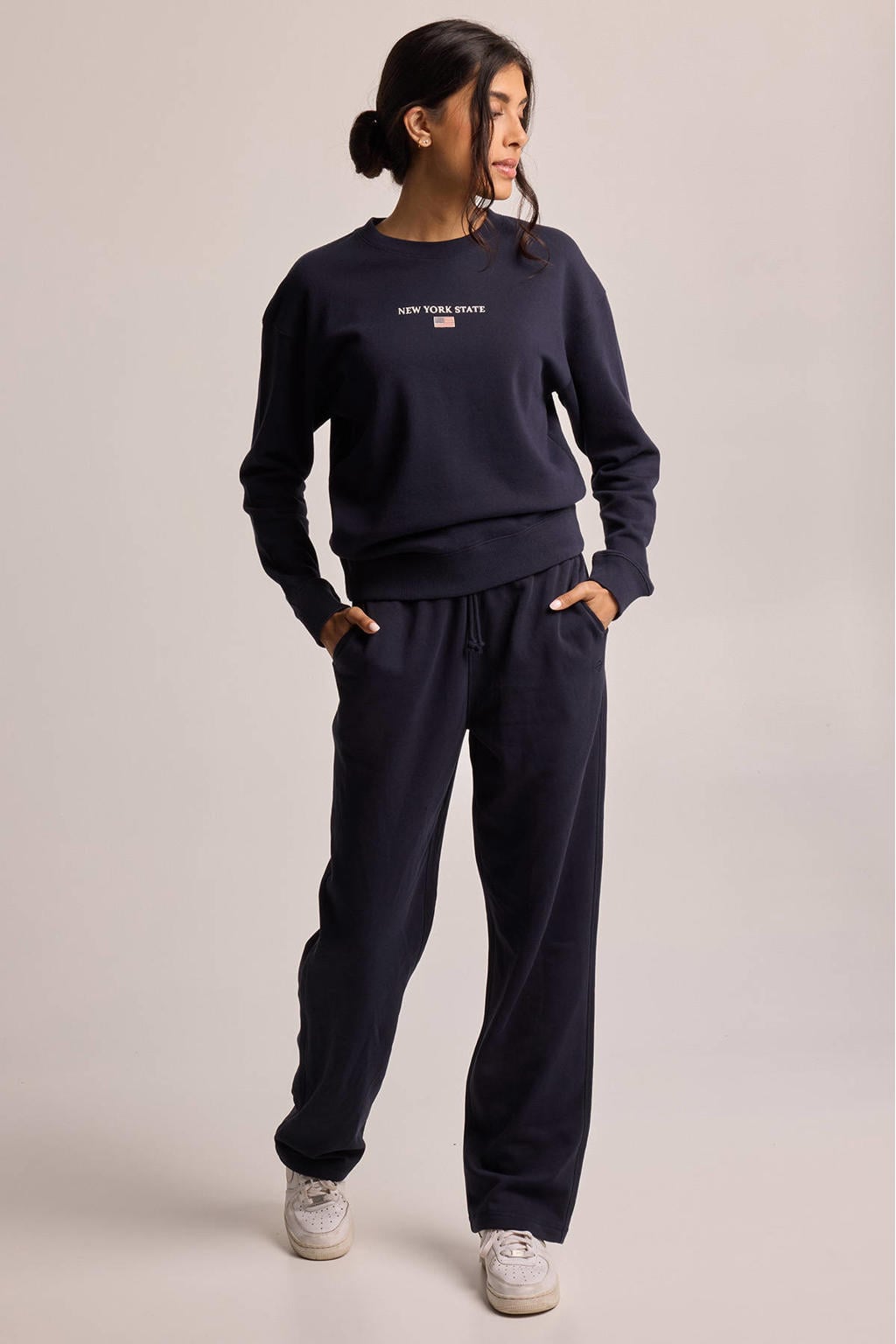 Donkerblauwe dames America Today relaxed broek van katoen met regular waist en effen