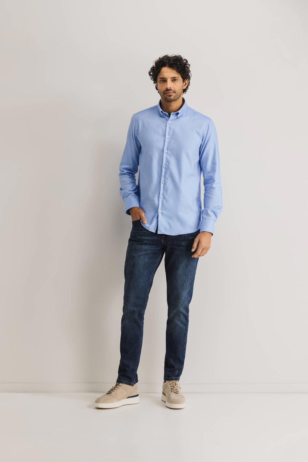 Blauwe heren State of Art regular fit overhemd van katoen met effen, lange mouwen en button down sluiting