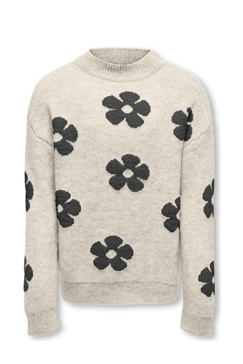 Ecru en zwarte meisjes KIDS ONLY GIRL gebreide trui van acryl met bloemenprint, lange mouwen en ronde hals