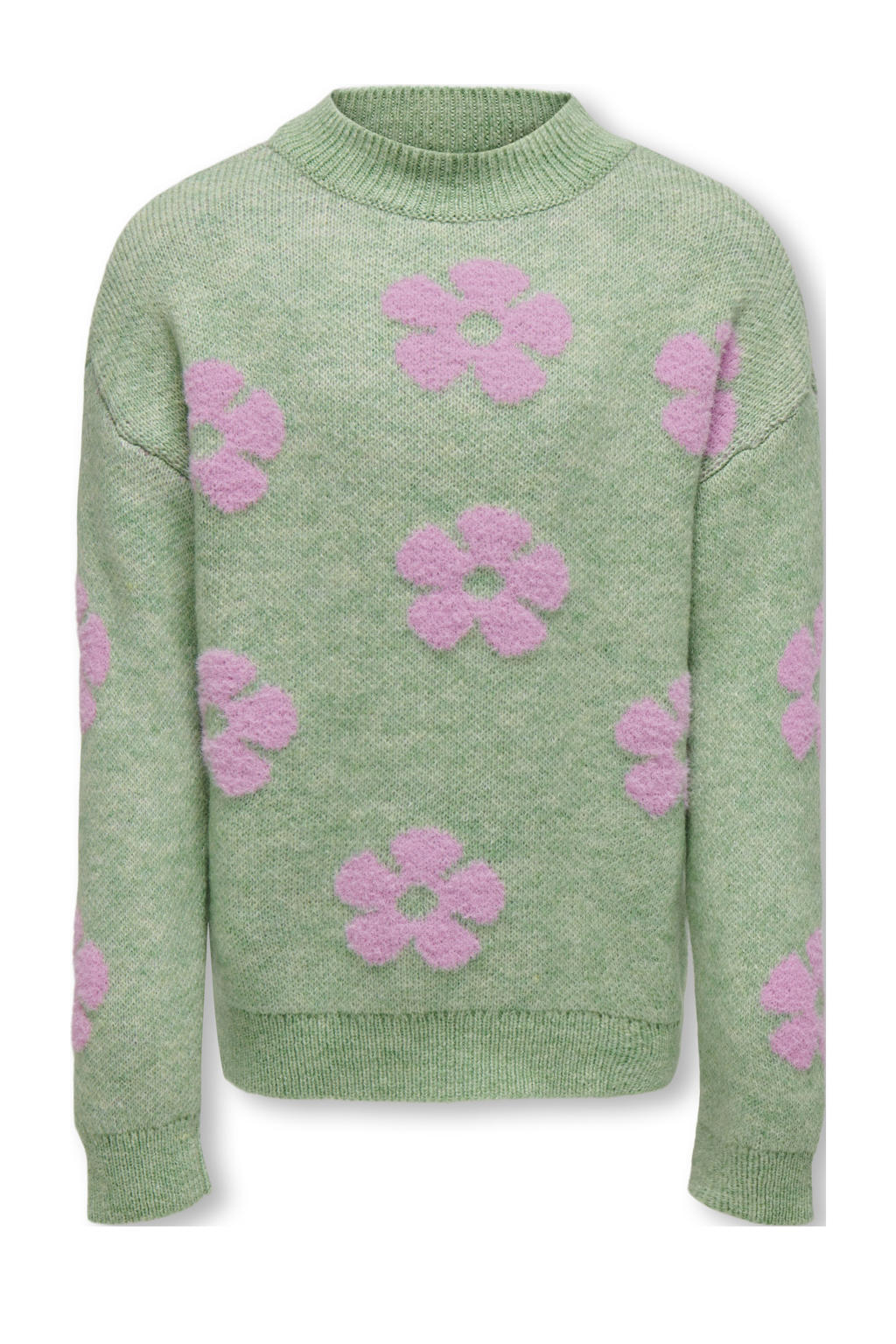 Groen, lichtgroen en lilakleurige meisjes KIDS ONLY GIRL gebreide trui van acryl met bloemenprint, lange mouwen en ronde hals