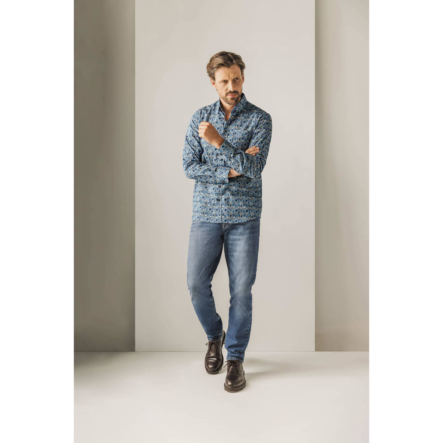 State of Art regular fit overhemd met all over print blauw