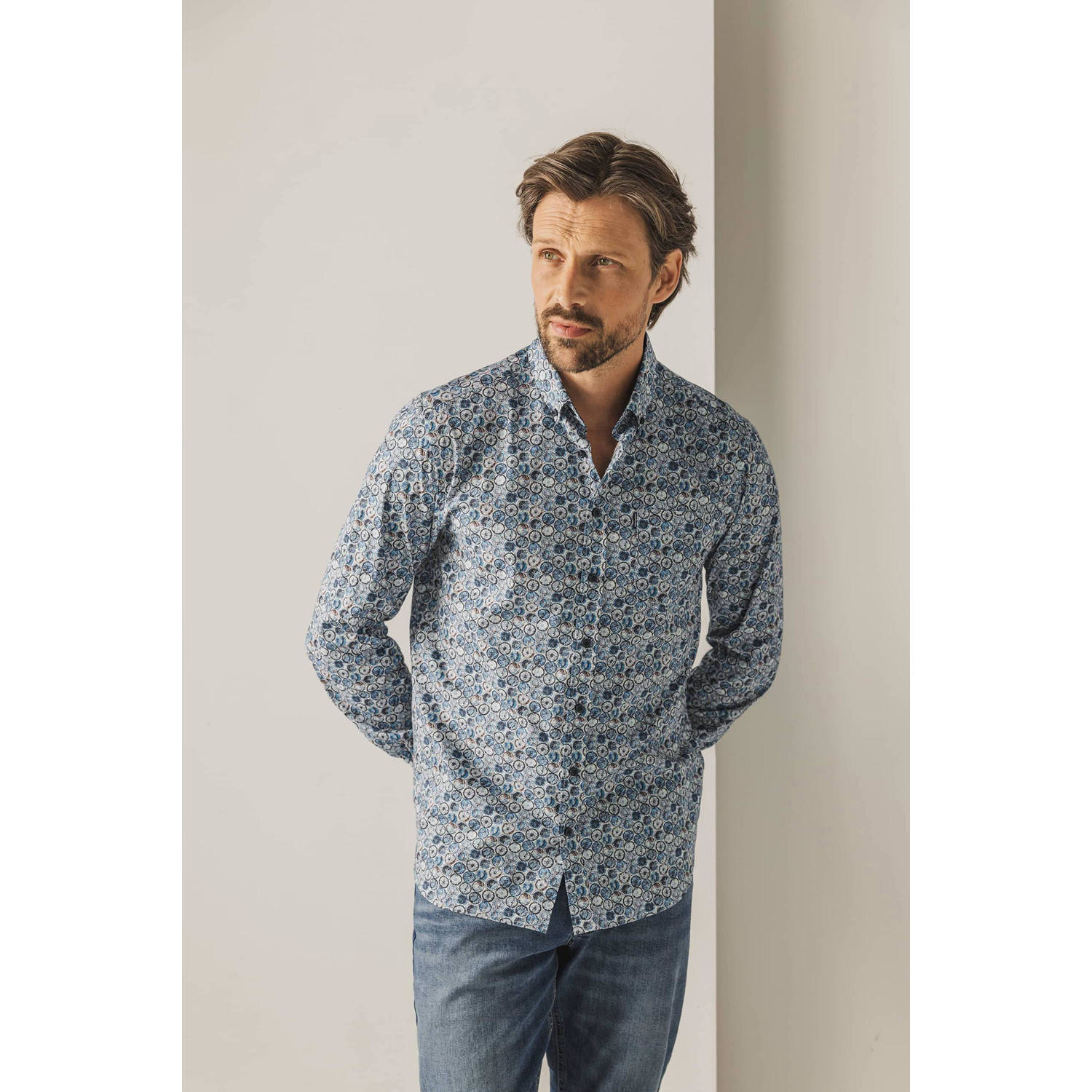 State of Art regular fit overhemd met all over print blauw
