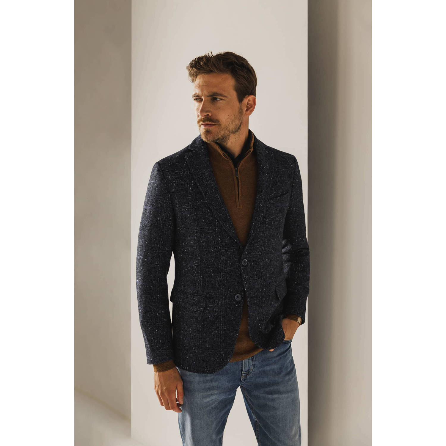 State of Art geruit colbert met wol donkerblauw