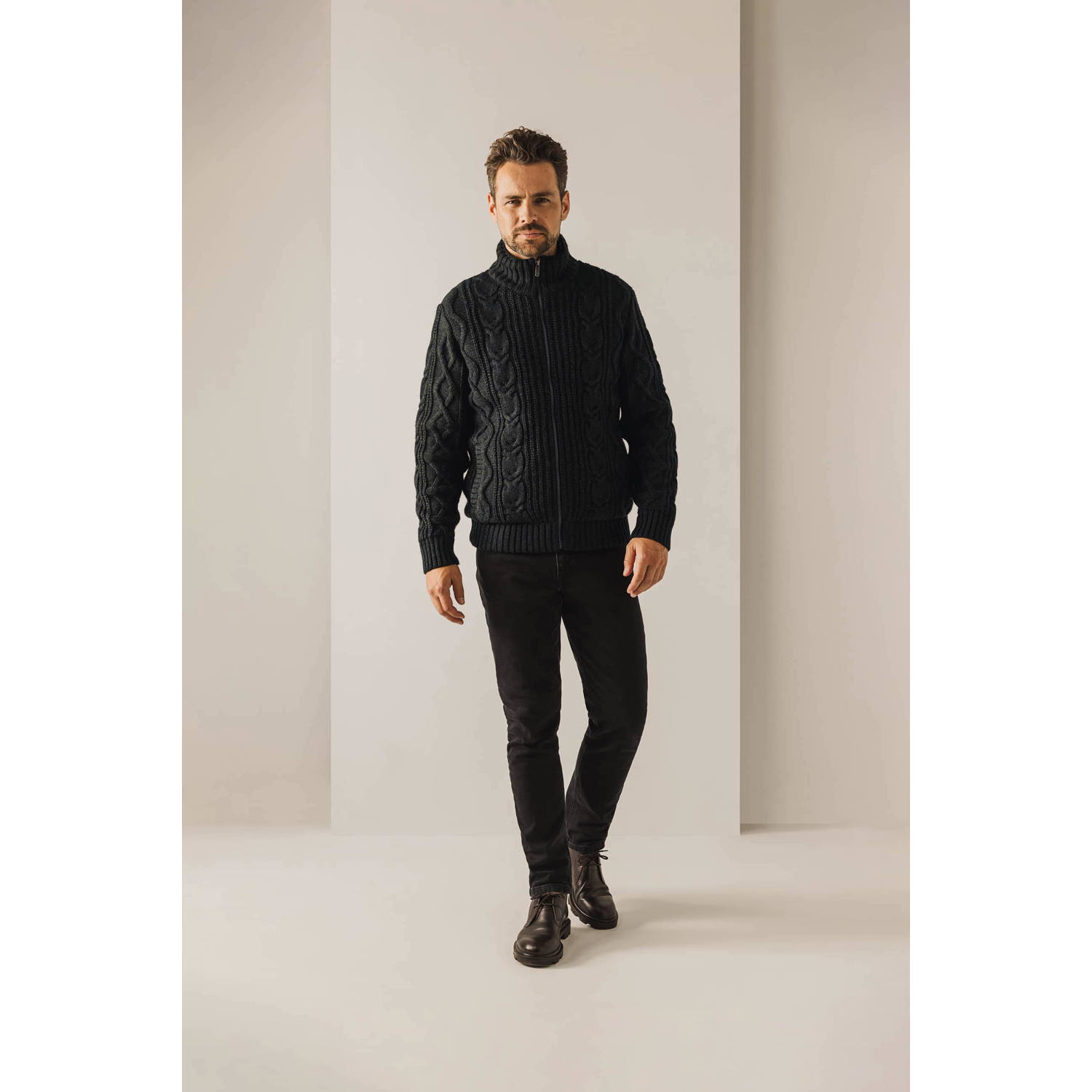 State of Art grofgebreid vest met wol en ingebreid patroon donkergroen