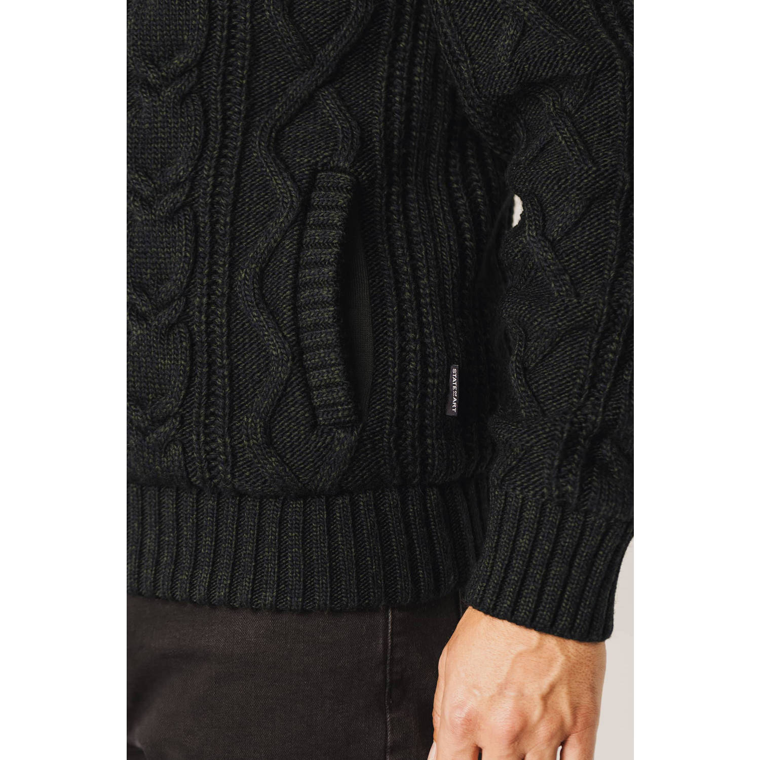 State of Art grofgebreid vest met wol en ingebreid patroon donkergroen