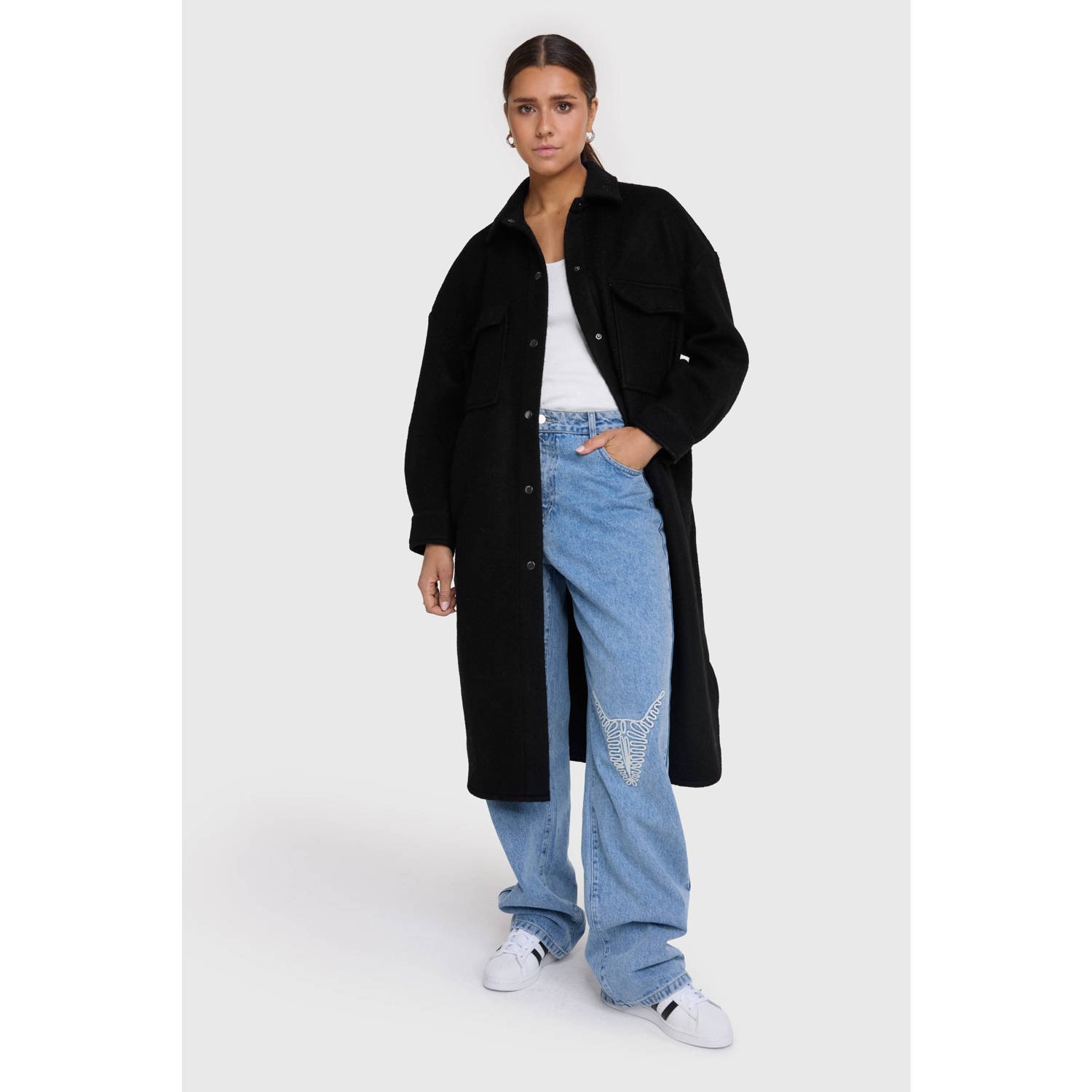 ALIX THE LABEL Dames Jassen Ladies Woven Long Felted Wool Jacket Zwart