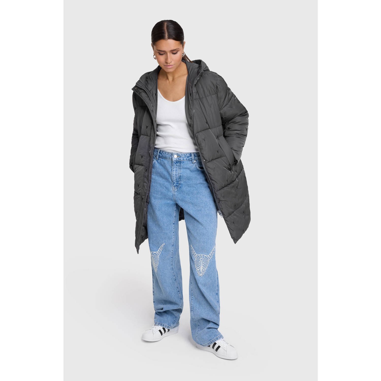 ALIX THE LABEL Dames Jassen Ladies Woven Bull Puffer Coat Antraciet