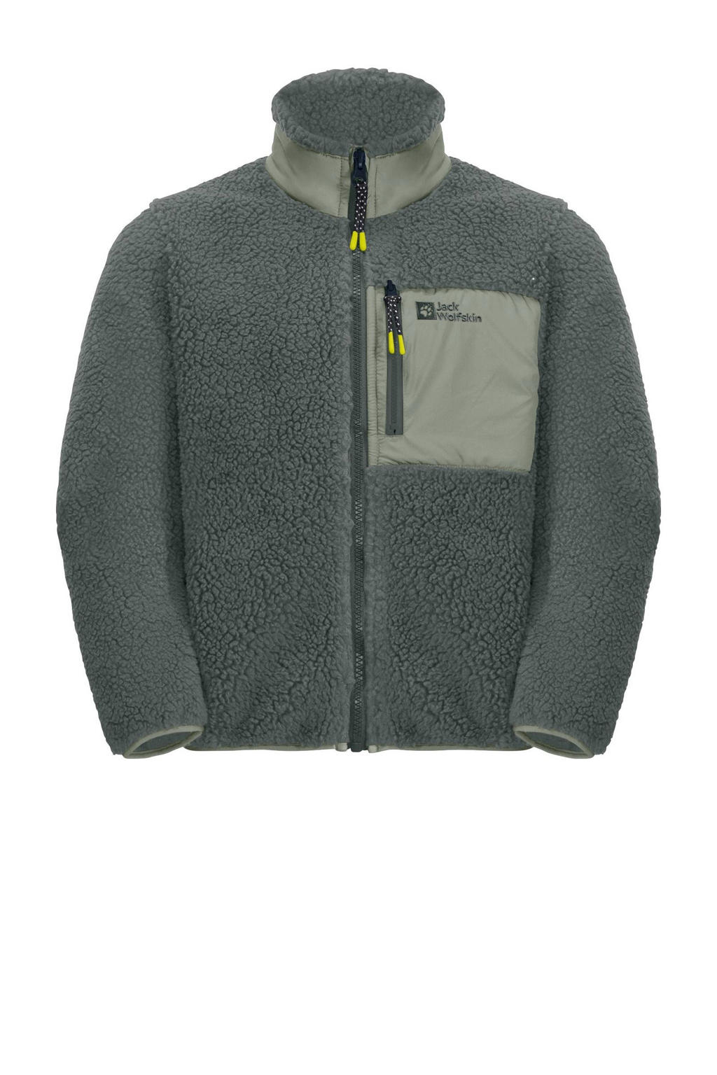 Grijsgroene jongens en meisjes Jack Wolfskin fleece jack Ice Curl met lange mouwen, opstaande kraag en ritssluiting