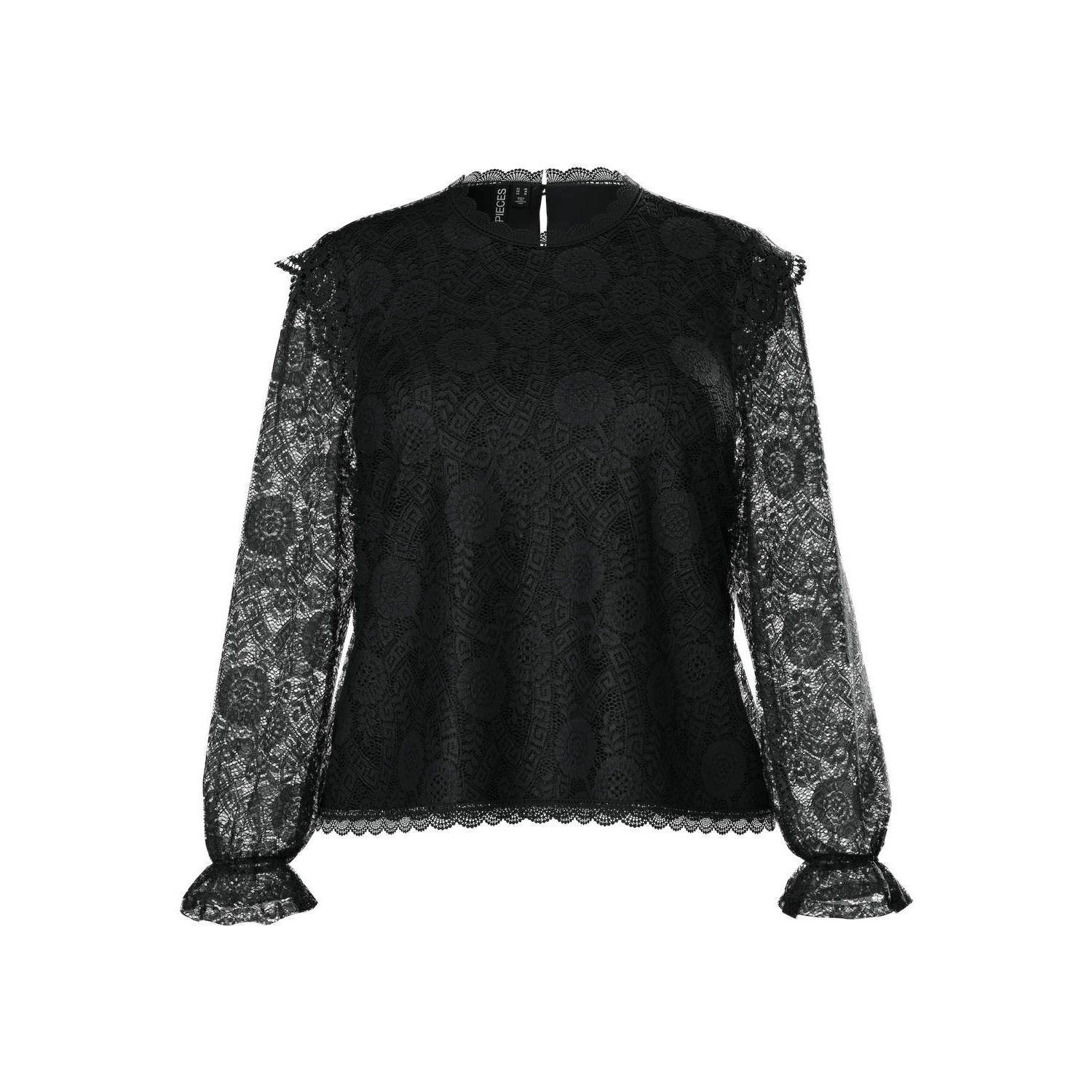 PIECES Curve semi transparante top PCOLLINE met kant zwart