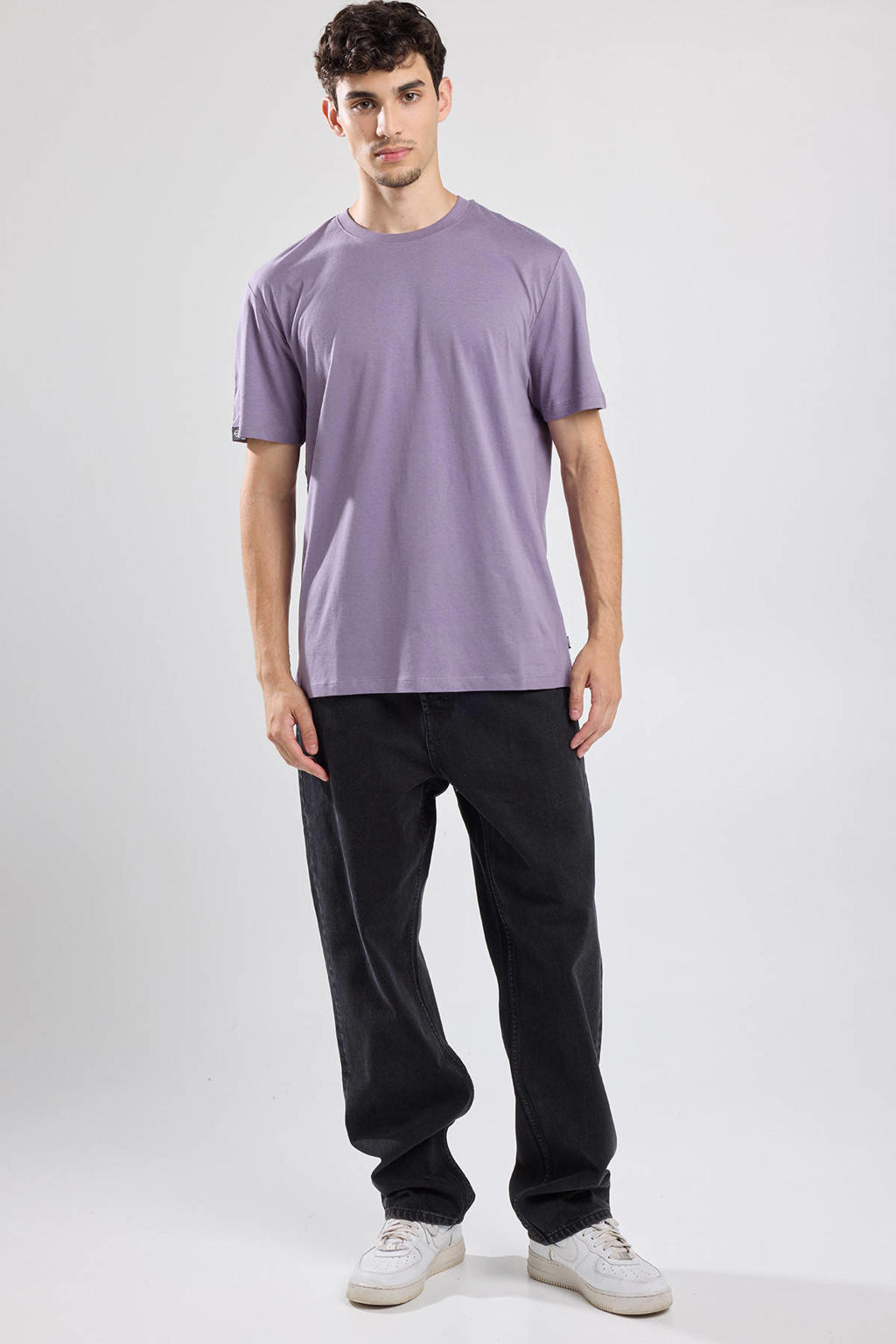 Paarse heren America Today regular T-shirt van katoen met effen, korte mouwen en ronde hals