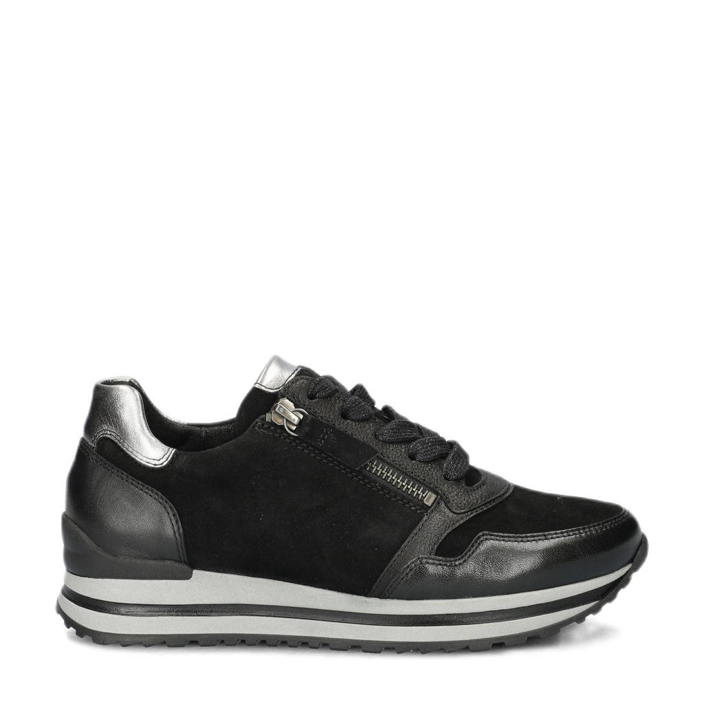 Zwarte dames Gabor leren sneakers met rits- en vetersluiting