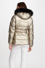 thumbnail: Gouden dames Morgan van polyamide met effen, lange mouwen, opstaande kraag, rits- en drukknoopsluiting en glimmend detail