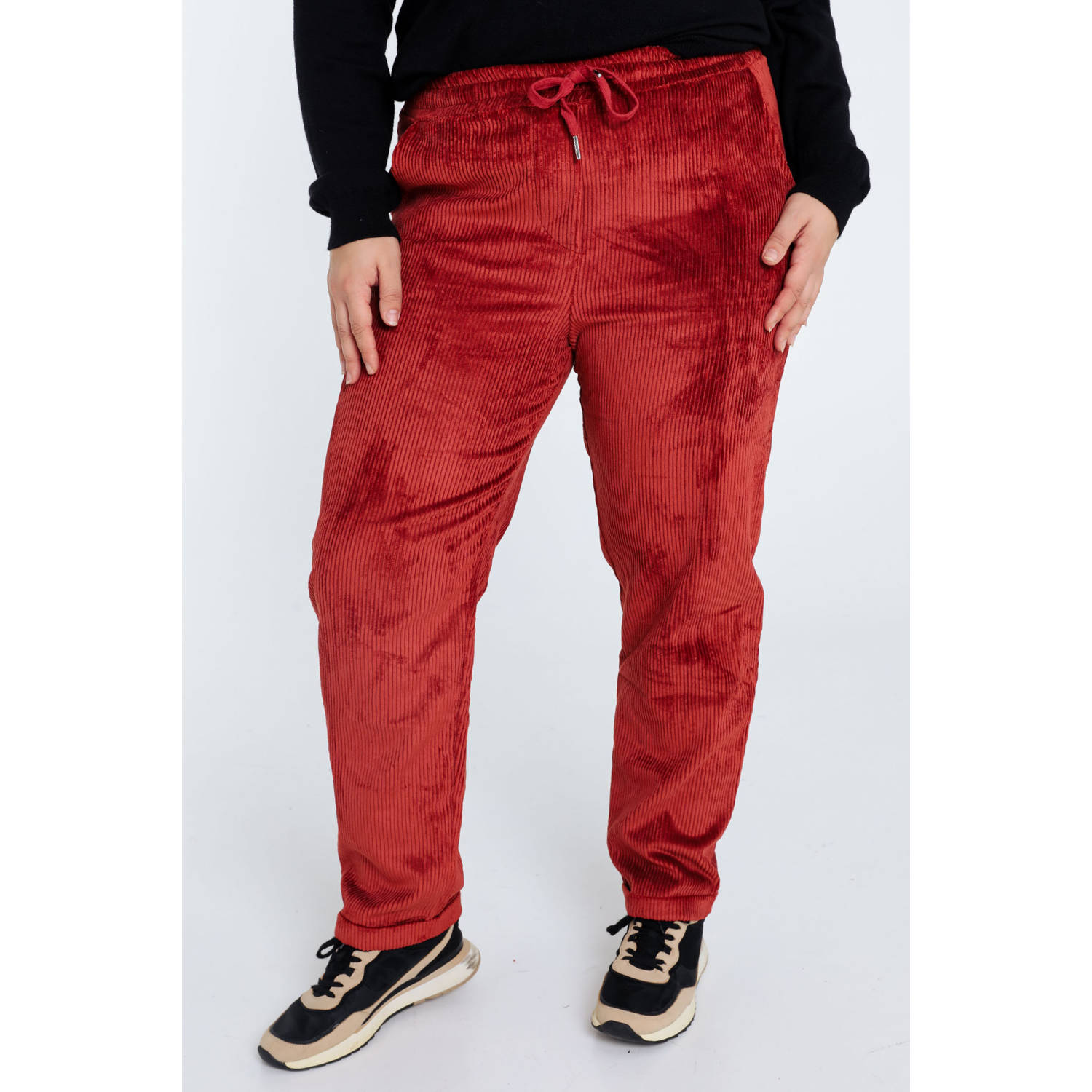 Paprika regular waist casual broek rood rib gebreid